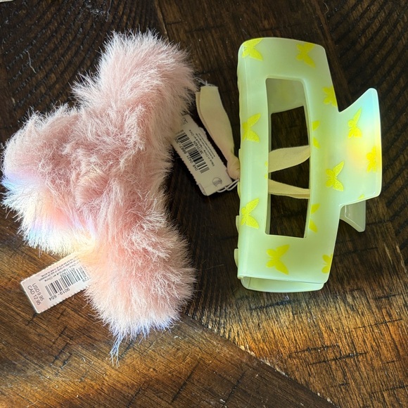 American Eagle Outfitters Accessories - Aerie NWT Yellow and Green Butterfly Hair Clip and NWT Pink Fluffy Hair Clip